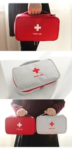 Vue détaillée du sac de rangement d'urgence de premiers secours en versions rouge et grise.