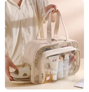 Waterproof clear travel toiletry bag with wet-dry separation and shoe compartment.
