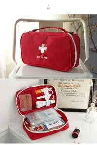 Sac de rangement médical d'urgence rouge portable avec compartiments pour voyage et secours.