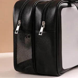 Large capacity waterproof double layer cosmetic bag with wet dry separation and mesh pocket.