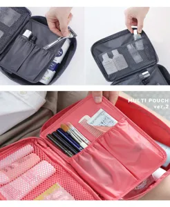 Detail view of the multi-compartment travel toiletry bag showcasing mesh pockets and organized storage.