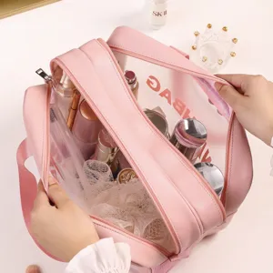 Large capacity pink transparent waterproof cosmetic bag double layer travel toiletry bag