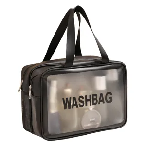 Large waterproof travel cosmetic bag with transparent window and dual handles for daily use.