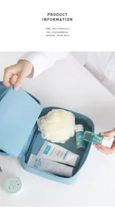 Detailed view of the portable travel toiletry pouch showing internal mesh compartments and storage.