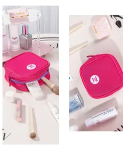 Pink mesh cosmetic bag, portable travel makeup pouch, breathable zipper storage organizer.