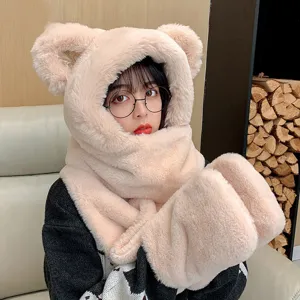 Cozy fluffy bear ear hooded scarf gloves set for women winter warm cute plush winter wear