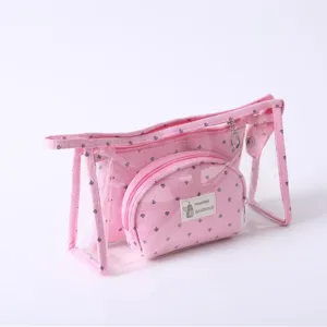 Pink Clear PVC Cosmetic Bag Set Travel Toiletry Organizer Pouch for Women and Girls