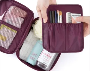 Portable travel toiletry bag and large cosmetic organizer with multiple functional compartments.