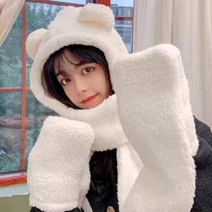 Cute white fluffy bear ear hat scarf gloves set, warm winter fleece three piece outfit.