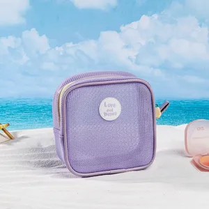 Purple mesh cosmetic bag portable travel toiletry organizer small makeup pouch for beach use