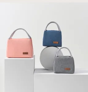 Detailed view of insulated lunch bags in pink, blue, and grey, made of durable oxford cloth.