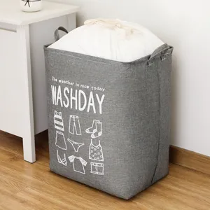 Cesto de ropa grande con cordón, cesta de almacenamiento plegable de tela gris para ropa.