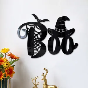 Halloween 3D Acryl Spiegel Wandaufkleber BOO Spinnennetz Fledermaus Hexenhut Deko