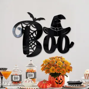 Halloween 3D Acryl Spiegel Wandaufkleber mit Spinnennetz und BOO Schriftzug fur festliche Deko.