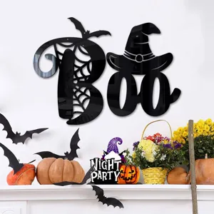 Halloween 3D Acryl Spiegel Wandaufkleber mit BOO, Spinnennetz und Hexenhut Design Deko.