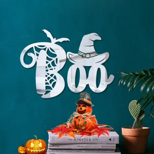 Halloween 3D Acryl Spiegel Wandaufkleber BOO mit Spinnennetz Design für Party Dekor.
