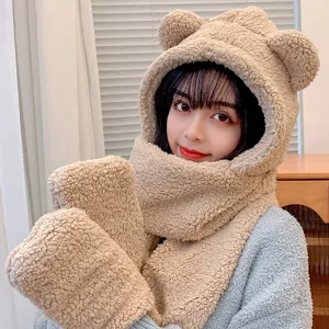 Cute bear ear plush hooded scarf and gloves set, warm winter fleece three-piece accessory.