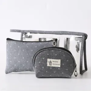 Clear PVC Cosmetic Bag 3-Piece Set Travel Toiletry Storage Organizer Grey Pouches