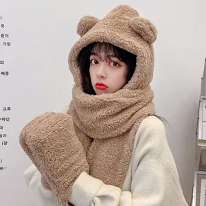 Cute bear ear plush hooded scarf and gloves set for women, cozy winter warm fuzzy three-piece winter wear.