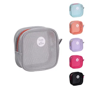 Portable square mesh cosmetic bag travel zipper makeup pouch with multiple color options