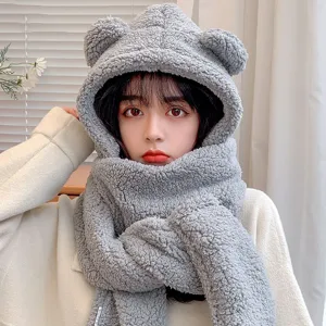 Cute grey bear ear hooded scarf winter warm plush cap and scarf set for women daily wear.