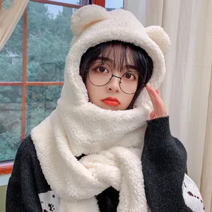 Cute white bear ear hooded scarf for women, warm plush winter one-piece neck warmer hat.
