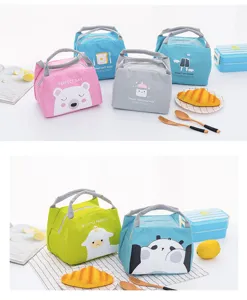 Details of cute cartoon insulated lunch bag with animal patterns and good storage capacity.