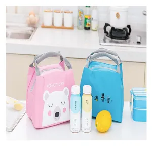 Insulated lunch bag with cute cartoon bear design, portable meal prep tote for office school.