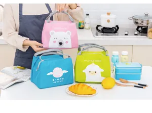 Detailed view of cute cartoon insulated lunch bag with handle, portable thermal bento container.
