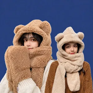 Plush bear ear hooded scarf gloves set for women, warm winter thick three piece hat.