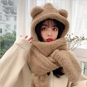 Cute bear ear plush hooded scarf and gloves set for women, cozy winter warm three-piece.