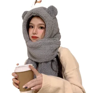 Cute bear ear hooded scarf for women, cozy plush winter warm hat and neck warmer set.