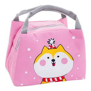 Pink insulated lunch bag with cute cartoon animal design, portable thermal tote for meals.