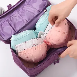 Portable travel underwear storage bag organizer with multiple compartments for bras and briefs.
