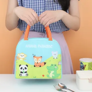 Cartoon insulated lunch bag with thick aluminum foil for student food storage and portable use.