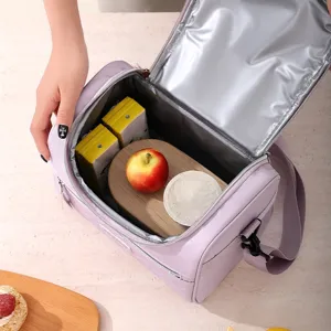 Purple insulated lunch bag for women, portable thermal tote for work, school, and picnic.