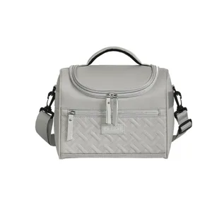 Grey insulated lunch bag for work school picnic with strap and handle stylish quilted design