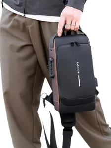 Men's anti-theft sling bag with password lock, stylish black waterproof chest bag for daily.