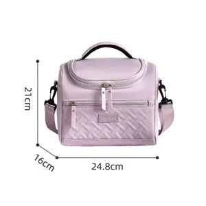 Purple insulated lunch bag for women, portable cooler bag with shoulder strap and zipper pocket.