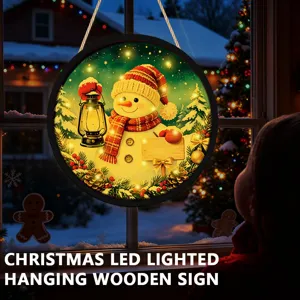 Christmas LED lighted hanging wooden sign scene detail showing warm holiday window glowing decor.