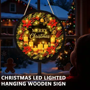 Christmas LED lighted hanging wooden sign with festive wreath and warm candles for home decor.