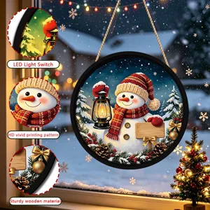 Christmas LED wooden hanging sign snowman window decoration lighted holiday wall decor
