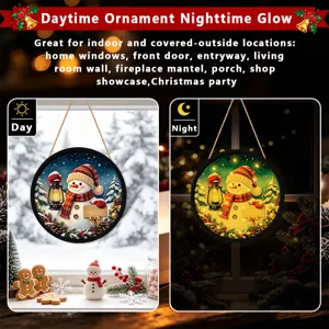 LED lighted Christmas snowman hanging sign rustic wooden plaque for holiday home decor.