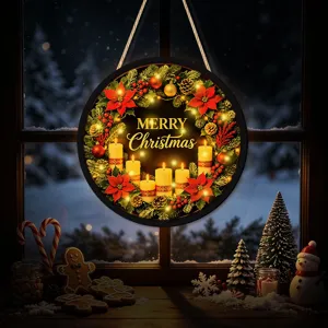 Christmas lighted hanging sign LED window decoration warm holiday decor with candles wreath