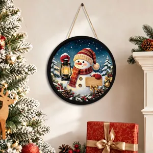 Christmas LED hanging sign, round snowman decorative wall ornament for holiday party home decor.