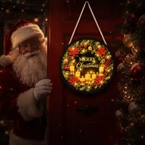 Christmas LED hanging sign with warm lights, festive wreath and candles design for decor.