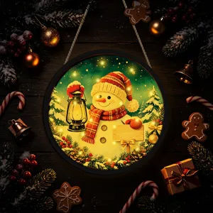 Christmas LED hanging sign with cute snowman design, glowing light for holiday window wall decor.
