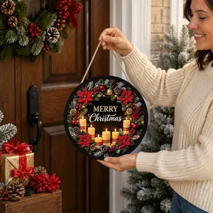 Christmas LED lighted hanging sign with wreath and candles for holiday home decor.