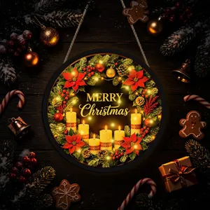 LED lighted Christmas hanging sign, festive glowing wreath wall decor for window and holiday party.