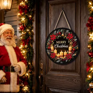 Christmas luminous wooden hanging sign with LED lights, festive window wreath decor for holiday.